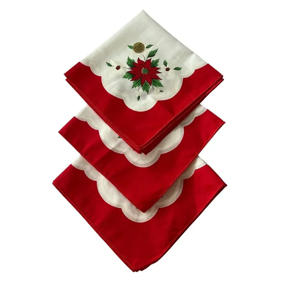 17 x 17 Poinsettia Flower Napkins Set of 3 Fabric Upcycling Holidays Red